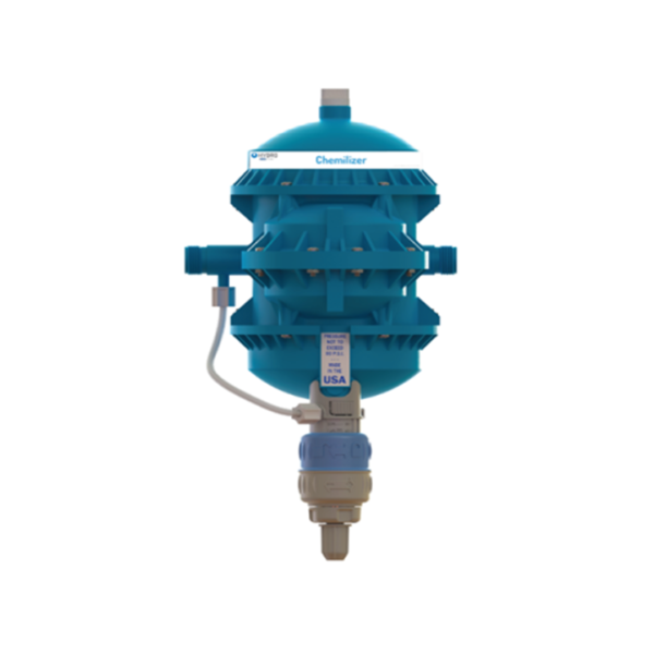 O dosador Chemilizer funciona através da tecnologia de diafragma, permitindo a utilização em instalações com água de baixa qualidade.